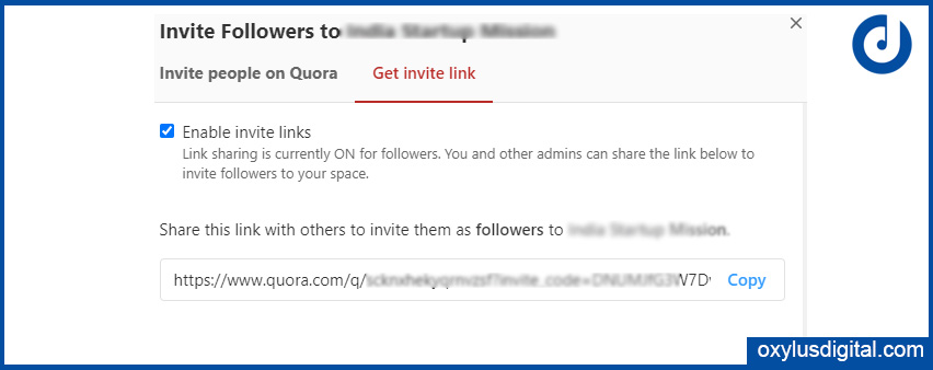 Share invitation link on Quora Space